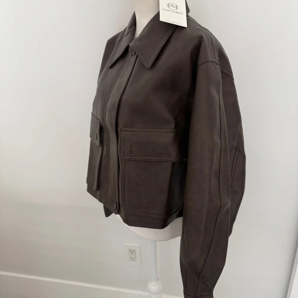 Pixie Market Brown Faux Leather Crop Bomber Patch Pocket Jacket NWT One Size - Picture 8 of 12